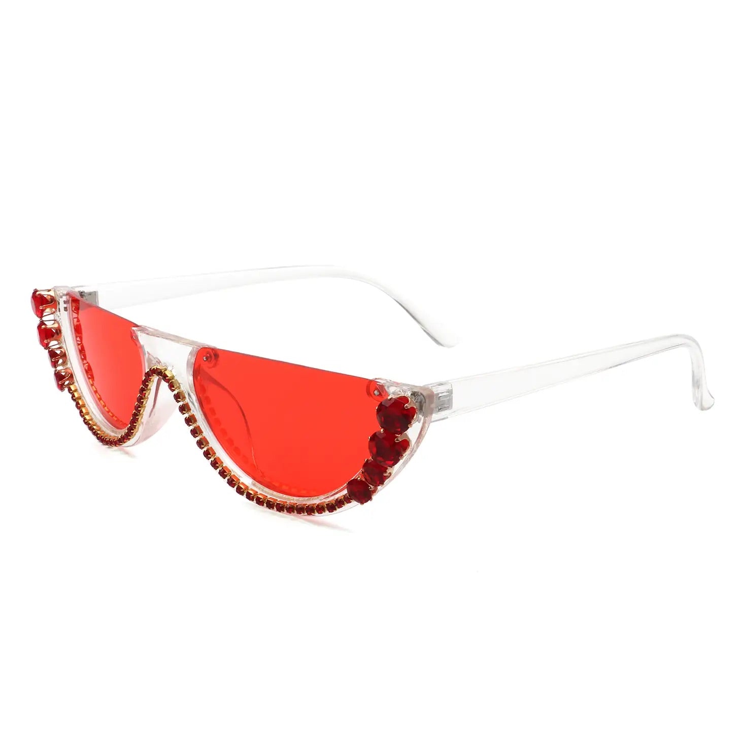 Half Frame Round Cat Eye Rhinestone Fashion Sunglasses - TripingLH