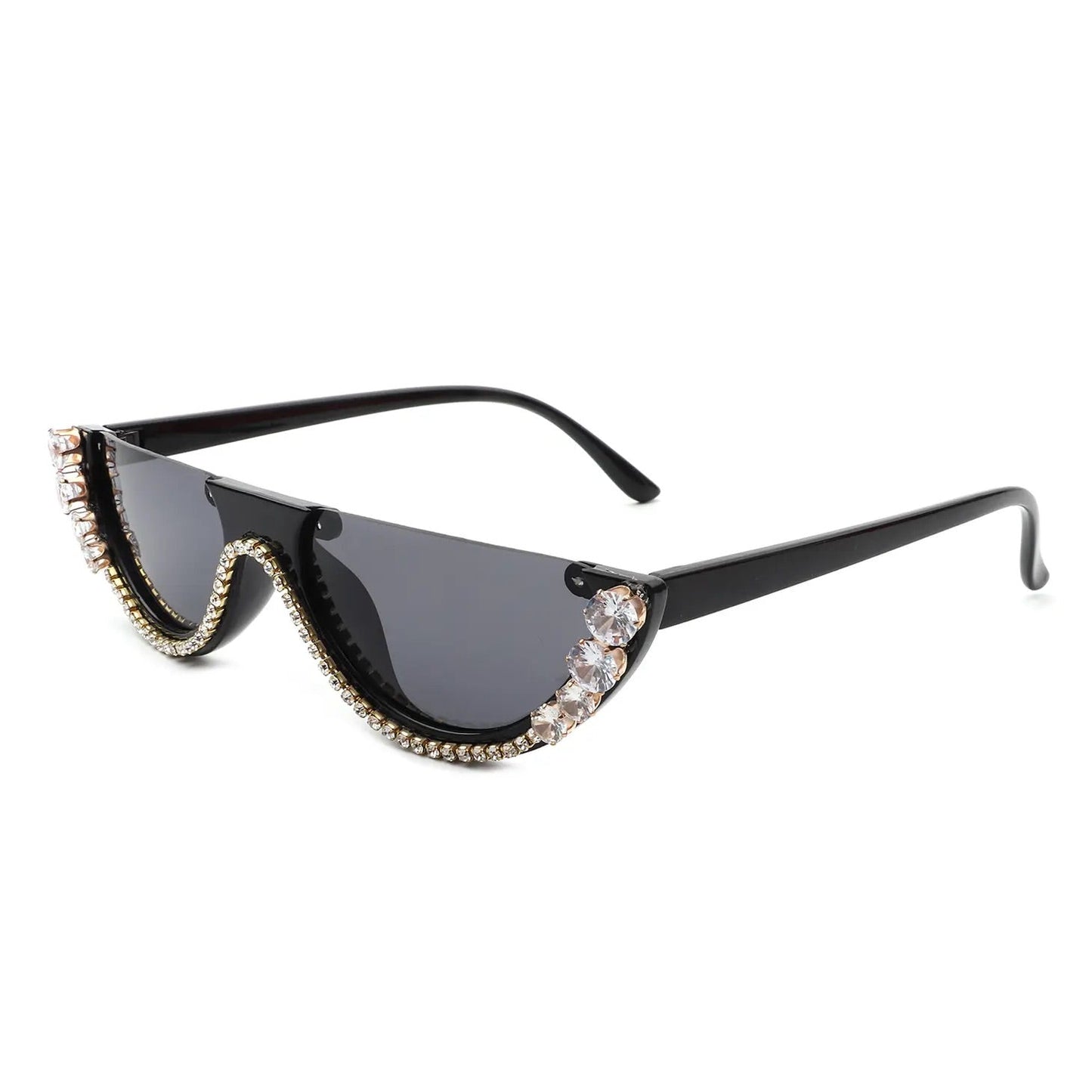 Half Frame Round Cat Eye Rhinestone Fashion Sunglasses - TripingLH
