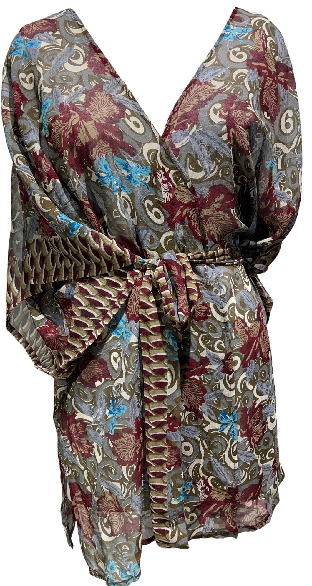 PRG2307 Eaton's Pintail Sheer Pure Silk Kimono-Sleeved Jacket with Belt - TripingLH